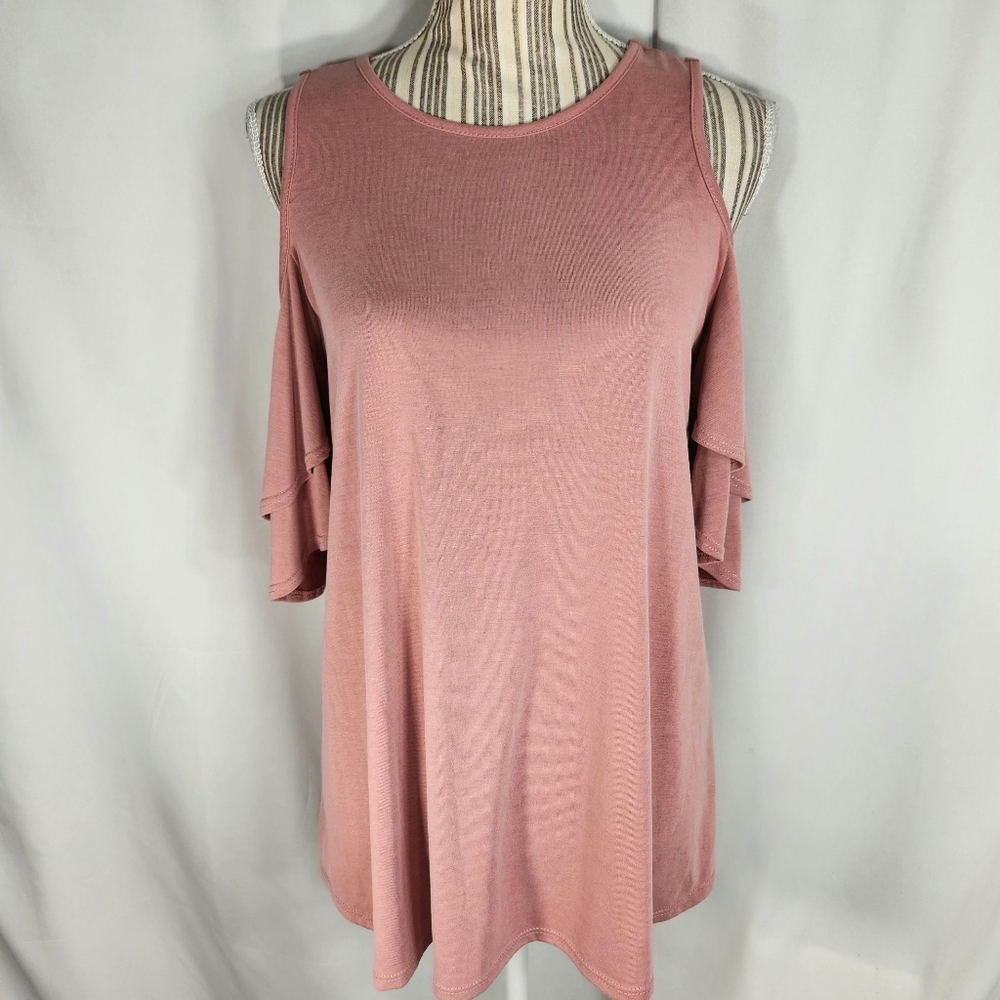 Alya Dusty Rose Short Ruffle Tier Sleeve Cold Shoulder Top Size Medium